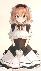 1girl 3: absurdres alternate_costume black_bow black_bowtie black_wrist_cuffs blonde_hair blue_eyes blush bow bowtie breasts closed_mouth commentary cowboy_shot dress enmaided eyes_visible_through_hair frilled_dress frilled_sleeves frills hair_between_eyes hair_ribbon highres large_breasts looking_at_viewer maid maid_headdress medium_hair okamic onda_nei own_hands_together puffy_short_sleeves puffy_sleeves ribbon sakura_no_toki sakura_no_uta short_sleeves shy sidelighting simple_background solo split_mouth straight-on tsurime two_side_up v_arms white_background white_dress white_ribbon wrist_cuffs