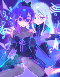 2girls absurdres asahina_mafuyu black_dress black_pantyhose black_ribbon blue_dress blue_eyes blue_hair bow bright_pupils closed_mouth commentary dress empty_eyes frilled_skirt frills gradient_hair grey_hair hands_on_another&#039;s_shoulders highres iro_(mywife_sunny) long_hair multicolored_hair multiple_girls neck_ribbon pantyhose project_sekai purple_bow purple_hair ribbon side_ponytail single_tear skirt smile tsurime two-tone_hair white_pupils yoisaki_kanade