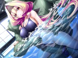 Rule 34 | 1boy, 1girl, azarin (kouyoku senki exs-tia), barefoot, black hairband, blonde hair, blue one-piece swimsuit, blush, breasts, censored, cleavage, clenched teeth, clothes pull, clothing aside, collarbone, colored skin, competition swimsuit, covered erect nipples, game cg, green skin, hair intakes, hairband, headband, hetero, imminent penetration, imminent rape, imminent vaginal, indoors, inoino, kouyoku senki exs-tia, large breasts, long hair, mosaic censoring, non-web source, official art, one-piece swimsuit, one-piece swimsuit pull, orange eyes, partially submerged, penis, pool, red eyes, school swimsuit, sideboob, solo focus, sportgil, swimsuit, swimsuit aside, teeth, variant set, very long hair, water