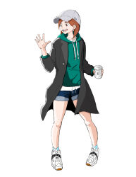 Rule 34 | 1girl, :d, ankle socks, aqua socks, asagaya (colcol), baseball cap, black coat, blue shorts, bob cut, brown eyes, brown hair, casual, coat, collarbone, commentary, cup, denim, denim shorts, disposable coffee cup, disposable cup, drawstring, drink, eizouken ni wa te wo dasu na!, excited, full body, green hoodie, hand up, happy, hat, highres, holding, holding cup, holding drink, hood, hood down, hoodie, inverted bob, legs apart, long coat, long sleeves, looking afar, looking to the side, mizusaki tsubame, open clothes, open coat, open mouth, pigeon-toed, shirt, shoes, short hair, short shorts, shorts, simple background, smile, sneakers, socks, solo, spread fingers, standing, thick eyebrows, waving, white background, white hat, white shirt, white shoes
