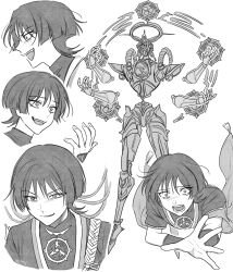 1boy absurdres armor artist_name blunt_ends bodysuit cable constricted_pupils crazy_eyes cropped_head cropped_torso extra_arms fingernails furisode furrowed_brow genshin_impact greyscale highres japanese_armor japanese_clothes juban kimono kote looking_to_the_side mandarin_collar mecha mechanical_arms mitsudomoe_(shape) monochrome multiple_expressions open_hand pillosopi reaching reaching_towards_viewer robot rope scaramouche_(genshin_impact) scaramouche_(shouki_no_kami)_(genshin_impact) shimenawa sideways_mouth smirk tassel tearing_up teeth tomoe_(symbol) upper_teeth_only white_background wide-eyed wispy_bangs