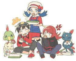 Rule 34 | +++, 1girl, 2boys, anger vein, commentary request, earrings, eating, ethan (pokemon), flipped hair, food, food on face, gen 2 pokemon, hat, holding, jacket, jewelry, kong (6ki3ki), korean commentary, kris (pokemon), long sleeves, mouth hold, multiple boys, natu, nintendo, overalls, pants, pokemon, pokemon (creature), pokemon adventures, puff of air, red jacket, red shoes, shirt, shoes, silver (pokemon), sitting, sneasel, standing, togepi, twintails
