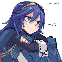 1girl alonemistrist blue_eyes blue_gloves blue_hair closed_mouth commentary english_commentary fingerless_gloves fire_emblem fire_emblem_awakening gloves hair_between_eyes knees_up long_hair long_sleeves looking_to_the_side lucina_(fire_emblem) nintendo pout puff_of_air sitting solo tiara white_background