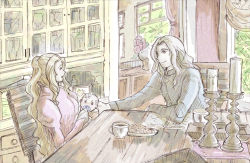 1990s_(style) baby blonde_hair candle cecil_harvey ceodore_harvey couple dress family final_fantasy final_fantasy_iv final_fantasy_iv:_the_after_years grey_hair happy long_hair naa_(54891637) ponytail rosa_farrell short_hair sitting table window