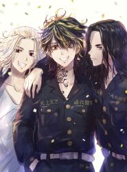 3boys absurdres arm_around_shoulder baji_keisuke belt black_eyes black_hair black_jacket black_pants blonde_hair coat collarbone confetti cowboy_shot grin hand_in_pocket hanemiya_kazutora highres jacket long_hair long_sleeves looking_at_viewer medium_hair mole mole_under_eye multicolored_hair multiple_boys neck_tattoo pants razu_re0824 sano_manjirou shirt smile standing tattoo tokkoufuku tokyo_revengers two-tone_hair white_background white_belt white_shirt