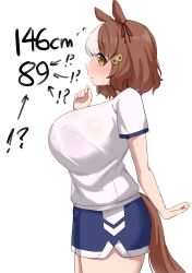 !? 1girl absurdres alternate_breast_size alternate_costume animal_ears arrow_(symbol) belno_light_(umamusume) blue_shorts blue_trim blush bow bra bra_visible_through_clothes breasts brown_hair cleavage commentary cup_size ear_ornament ear_ribbon from_side golden_week gym_uniform hair_ornament hand_up height highres horse_ears horse_girl horse_tail huge_breasts large_breasts letter_hair_ornament looking_at_viewer looking_to_the_side multicolored_hair noe_(ppppriver) pink_bra see-through_clothes see-through_shirt shirt short_hair shorts simple_background solo sweat tail thighs two-tone_hair umamusume umamusume:_cinderella_gray underwear white_background white_hair white_shirt yellow_eyes