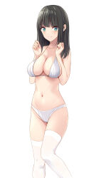 Rule 34 | 1girl, absurdres, bikini, black hair, blue eyes, blunt bangs, breasts, cleavage, collarbone, commentary request, cowboy shot, highres, large breasts, long hair, looking at viewer, marui koishi, md5 mismatch, navel, original, resolution mismatch, revision, simple background, smile, solo, standing, swimsuit, thighhighs, white background, white bikini, white thighhighs