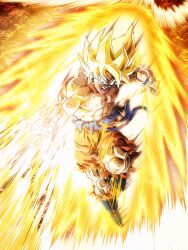 Rule 34 | 1boy, absurdres, angry, aura, blonde hair, dokkan battle, dragon ball, green eyes, highres, ki blast, muscular, muscular male, official art, scratches, solo, son goku, super saiyan, torn clothes, veins