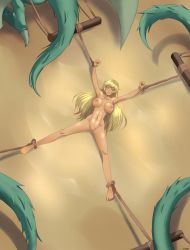 1girl arms_up bad_end barefoot blonde_hair breasts cleft_of_venus clenched_hands clenched_teeth completely_nude dark-skinned_female dark_skin defeat execution fire_emblem fire_emblem:_the_binding_blade full_body gluteal_fold highres igrene_(fire_emblem) large_breasts lips long_hair mole mole_under_eye navel nintendo nipples nude outstretched_arms pussy quartered solo_focus spread_arms spread_legs teeth toes veiled616 violence what yellow_eyes