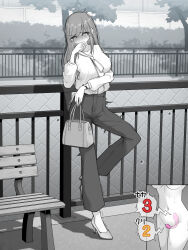 Rule 34 | 1girl, bag, blush, breasts, commentary request, covering own mouth, highres, kakuremino7928, large breasts, large variant set, limited palette, long hair, neckerchief, object insertion, original, outdoors, pants, remote control vibrator, sex toy, shirt, standing, standing on one leg, vaginal, vaginal object insertion, variant set, vibrator, vibrator under clothes