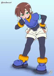 Rule 34 | 1girl, aile (mega man zx), bent over, black bodysuit, blue background, blue jacket, blush, bodysuit, bodysuit under clothes, brown hair, cropped jacket, fang, fellatio gesture, full body, gradient background, green eyes, highres, ian dimas, jacket, looking at viewer, mega man (series), mega man zx, open mouth, robot ears, sexually suggestive, short hair, shorts, simple background, solo, tongue, tongue out, white shorts