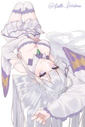 1girl absurdres blue_pupils braid breasts crown_braid detached_sleeves emilia_(re:zero) fingernails flower gem green_gemstone hair_flower hair_ornament hair_ribbon hand_on_own_stomach highres kirishima_kate knees_up long_hair looking_at_viewer lying on_back pointy_ears purple_eyes purple_ribbon re:zero_kara_hajimeru_isekai_seikatsu ribbon smile solo twitter_username white_flower white_sleeves wide_sleeves x_hair_ornament