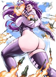 1girl aircraft ass blue_sky cloud day elbow_gloves fingerless_gloves giant giantess gloves grin helicopter highres jgeorgedrawz long_hair missile original outdoors purple_gloves purple_hair purple_thighhighs sky smile solo thighhighs
