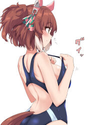 1girl absurdres animal_ears blue_one-piece_swimsuit breasts brown_hair dantsu_flame_(umamusume) from_behind gryebooks highres horse_ears horse_girl horse_tail large_breasts multicolored_hair one-piece_swimsuit solo swimsuit tail two-tone_hair umamusume white_hair