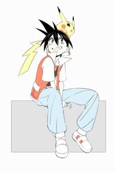 Rule 34 | 1boy, backwards hat, baseball cap, black hair, blue pants, gen 1 pokemon, grin, hair between eyes, hat, male focus, nintendo, on head, open mouth, pants, pikachu, pokemon, pokemon (creature), pokemon adventures, pokemon on head, popo92 z, red (pokemon), red hat, shirt, shoes, short sleeves, simple background, sitting, smile, spiked hair, white shoes