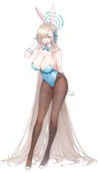 1girl absurdres animal_ears aqua_leotard asuna_(blue_archive) asuna_(bunny)_(blue_archive) black_pantyhose blonde_hair blue_archive blue_bow blue_bowtie blue_eyes blue_halo blue_leotard blush bow bowtie breasts cleavage detached_collar fake_animal_ears gloves hair_over_one_eye halo high_heels highleg highleg_leotard highres large_breasts leotard long_hair looking_at_viewer mole mole_on_breast official_alternate_costume pantyhose playboy_bunny rabbit_ears ruiyo smile strapless strapless_leotard thighband_pantyhose traditional_bowtie very_long_hair white_gloves
