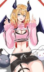 1girl black_bra black_shorts blonde_hair blush bra braid breasts cleavage cleavage_cutout clothing_cutout demon_girl demon_horns demon_tail green_eyes highres hololive horns kurogomatcha large_breasts looking_at_viewer medium_hair official_alternate_costume pink_nails pointy_ears shorts sidelocks tail thigh_strap twin_braids underwear virtual_youtuber yuzuki_choco yuzuki_choco_(9th_costume)