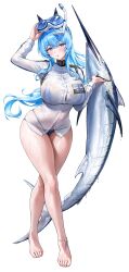 Rule 34 | 1girl, absurdres, anklet, bikini, bikini under clothes, blue bikini, blue eyes, blue hair, blush, braid, breasts, cleavage, fish, goddess of victory: nikke, goggles, goggles on head, helm (aqua marine) (nikke), helm (nikke), highres, huge breasts, jewelry, long hair, long sleeves, looking at viewer, marlin (fish), multi-strapped bikini bottom, murabana44, naval jacket, navel, no pants, official alternate costume, ponytail, see-through clothes, see-through shirt, shirt, snorkel, snorkel mask, solo, stomach, swimsuit, thighs, wet, wet clothes, wet jacket, wet shirt