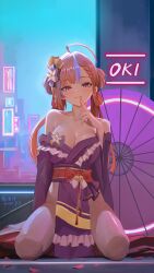 Rule 34 | 1girl, absurdres, ahoge, asymmetrical bangs, blunt bangs, blush, borrowed character, braid, braided bangs, breasts, brown hair, character name, cleavage, commission, commissioner upload, dated, finger to mouth, fingernails, highres, japanese clothes, kimono, kneeling, long hair, looking at viewer, mole, mole under mouth, multicolored hair, nail polish, non-web source, oil-paper umbrella, original, purple hair, purple kimono, qingli ye, signature, smile, solo, twintails, two-tone hair, umbrella