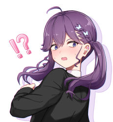 !? 1girl :o absurdres ahoge black_jacket blush braid butterfly_hair_ornament commentary ear_piercing gakuen_idolmaster gokugetsu_academy_school_uniform hair_ornament highres idolmaster jacket kaya_rinha long_sleeves looking_back nakata_(nkt_vvd) piercing purple_hair school_uniform solo sweatdrop twintails upper_body