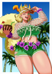 Rule 34 | 1girl, animal, animal ears, animal on head, bikini, bikini shorts, blonde hair, breasts, brown tail, coconut, coconut cup, coconut tree, earrings, green eyes, highres, hoop earrings, jewelry, kitsune23star, large breasts, marvel, marvel rivals, official alternate costume, official alternate hairstyle, on head, one eye closed, palm tree, shorts, shrug (clothing), smile, squirrel, squirrel ears, squirrel girl, squirrel girl (marvel), squirrel girl (sunshine squirrel) (marvel), squirrel tail, swimsuit, tail, tippy-toe, tree, visor cap