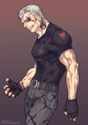 1boy blood blue_eyes bryan_fury feet_out_of_frame fingerless_gloves gloves male_focus muscular neck_tattoo pectorals photoshop_(medium) scar solo standing tattoo tekken white_hair wrinkled_skin yi_lee