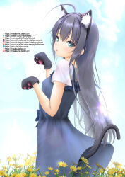 1girl :o ahoge animal_ear_fluff animal_ear_hairband animal_ears animal_hands aqua_eyes black_hair black_hairband blue_dress cat_ears cat_paws cat_tail commentary_request day dress fake_animal_ears fanbox_username feet_out_of_frame field flower flower_field gloves hairband hands_up highres instagram_username long_dress long_hair looking_at_viewer misaka-net paid_reward_available paw_gloves paw_pose pixiv_username shirt shirt_under_dress short_dress sky solo standing tail tsurumi_rumi twitter_username white_shirt yahari_ore_no_seishun_lovecome_wa_machigatteiru. youtube_username