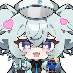 1girl :3 aiming aiming_at_viewer artist_request blue_necktie blush chibi chibi_only chinese_commentary florence_(girls&#039;_frontline_2) flying_sweatdrops girls&#039;_frontline girls&#039;_frontline_2:_exilium grey_hair hat heart heart-shaped_pupils holding holding_syringe jacket looking_at_viewer lowres necktie official_art pa-15_(girls&#039;_frontline) peaked_cap second-party_source solo sparkle symbol-shaped_pupils syringe transparent_background white_jacket