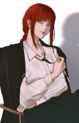 1girl arm_under_breasts artist_name black_coat black_necktie black_pants blunt_bangs braid braided_ponytail breasts chainsaw_man chair closed_mouth coat collared_shirt cowboy_shot demon_girl formal_clothes highres holding_necktie light_smile long_coat long_hair long_sidelocks long_sleeves looking_at_viewer makima_(chainsaw_man) mature_female medium_breasts necktie nose on_chair pale_skin pants pink_lips ringed_eyes shadow shirt sidelocks simple_background single_braid sitting solo sudstance twitter_username white_background white_shirt yellow_eyes