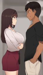 Rule 34 | 1boy, 1girl, arms under breasts, black bag, black hair, black shirt, blurry, blurry background, breasts, brown hair, closed mouth, collarbone, commentary request, cowboy shot, from side, grey shirt, grin, hair ornament, hairclip, hand in pocket, highres, large breasts, long hair, long sleeves, looking at another, nt00, original, paid reward available, partial commentary, pink eyes, red skirt, shirt, short hair, short sleeves, skirt, smile, standing, yumi (nt00)