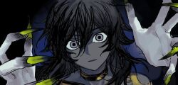 1boy arjuna_(fate) arjuna_alter_(fate) black_hair blue_eyes commentary_request dark-skinned_male dark_skin fate/grand_order fate_(series) fingernails grey_eyes highres jewelry jhwxxxnb long_hair male_focus neck_ring portrait shadow_shadow_(vocaloid) sharp_fingernails solo very_dark_skin yellow_nails