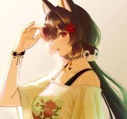 Rule 34 | 1girl, absurdres, animal ears, animal hair ornament, bare shoulders, blue nails, breasts, brown background, brown hair, choker, collarbone, commentary request, dog ears, floral print shirt, flower, from side, hair flower, hair ornament, hand up, heterochromia, highres, inui toko, inui toko (2nd costume), lace, lace choker, lips, long hair, looking at viewer, looking to the side, medium breasts, nail polish, nijisanji, off-shoulder shirt, off shoulder, parted lips, pendant choker, red eyes, shading eyes, shirt, short sleeves, simple background, solo, twitter username, upper body, usasuzu, very long hair, virtual youtuber, white shirt, wrist straps, yellow eyes