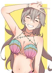 1girl alternate_costume bakaretsu bikini breasts cleavage closed_eyes corrin_(female)_(fire_emblem) corrin_(fire_emblem) female female_focus fire_emblem fire_emblem_cipher fire_emblem_fates grey_hair large_breasts medium_breasts nintendo official_alternate_costume solo swimsuit v