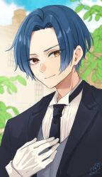 black_jacket black_necktie blue_hair blue_sky branch brown_eyes building character_request closed_mouth cloud collared_shirt commentary_request day gloves grey_vest hand_up harapeko_shoujo_to_tantei_to highres jacket looking_at_viewer necktie outdoors parted_bangs rino_cnc shirt sky smile twitter_username upper_body vest white_gloves white_shirt window