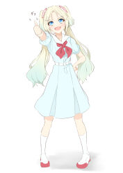 1girl absurdres ankle_socks aqua_hair blonde_hair blue_eyes commentary dress fang flower full_body gradient_hair hair_flower hair_ornament hand_on_own_hip hasu_no_sora_school_uniform highres link!_like!_love_live! loafers long_hair looking_at_viewer love_live! medium_dress multicolored_hair multicolored_shoes neckerchief osawa_rurino parted_bangs pink_flower pleated_dress red_neckerchief red_shoes sailor_collar sailor_dress school_uniform shadow shoes short_sleeves simple_background skin_fang socks solo sparkle standing summer_uniform thumbs_up tomoe_(tomoe_200) twintails two-tone_shoes v-shaped_eyebrows virtual_youtuber white_background white_dress white_flower white_sailor_collar white_shoes white_socks