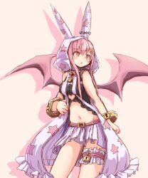 1girl belt black_shirt bracelet breasts dragon_wings emil_chronicle_online highres jewelry kitune47 large_breasts mitama_nanai navel pink_background pink_hair pink_wings rabbit_ear_headwear shirt skirt white_skirt wings yellow_eyes