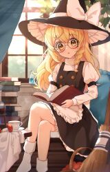 1girl absurdres apron bespectacled black_skirt black_vest blonde_hair blush book bow braid broom commentary crossed_legs cup frilled_apron frilled_skirt frills glasses hair_bow hat hat_bow highres holding holding_book indoors kirisame_marisa long_hair long_sleeves looking_at_viewer mushroom open_mouth plant side_braid single_braid sitting skirt socks solo steam tea teacup touhou vest waist_apron watermark wheat_retzel white_apron white_bow white_socks window witch_hat yellow_eyes