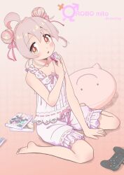 1girl absurdres ahoge artist_name babydoll bare_arms bare_legs bare_shoulders barefoot bloomers blush brown_eyes camisole collarbone commentary controller cosmetics double_bun feet frills full_body game_controller hair_between_eyes hair_bun hair_ribbon hair_up highres holding holding_lipstick_tube lipstick_tube looking_at_viewer male-female_symbol manga_(object) onii-chan_wa_oshimai! oyama_mahiro parted_lips pillow pink_background pink_hair pink_lips pink_lipstick_tube pink_ribbon pink_theme ribbon robomito simple_background sitting solo underwear wariza