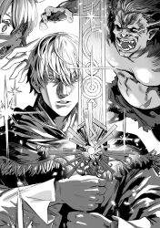 1girl 2boys asanagi carrot_(orc_eiyuu_monogatari) demon_girl fangs gagan_(orc_eiyuu_monogatari) glowing glowing_sword glowing_weapon greyscale highres holding holding_sword holding_weapon monochrome multiple_boys nazar_liscia_gainius_grandolius non-web_source novel_illustration official_art open_mouth orc orc_eiyuu_monogatari parted_lips pointy_ears solo_focus sparkle sweatdrop sword topless_male tusks weapon