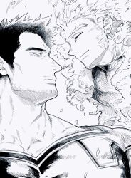 Rule 34 | 2boys, adam&#039;s apple, bara, beard stubble, bodysuit, boku no hero academia, broad shoulders, closed eyes, couple, disappear, endeavor (boku no hero academia), facial hair, from side, greyscale, hawks (boku no hero academia), highres, large pectorals, light smile, male focus, mature male, monochrome, multiple boys, muscular, muscular male, pectorals, profile, scar, scar across eye, scar on face, short hair, sideburns, sinmaico, spiked hair, stubble, thick eyebrows, thick neck, yaoi