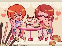 &gt;_&lt; 2girls :3 :d :t blue_skirt blush_stickers brown_background brown_hair cake chair checkerboard_cookie chibi chibi_only closed_eyes closed_mouth commentary cookie double-parted_bangs eating english_commentary fang food fork full_body green_shoes holding holding_fork hood hood_down hoodie hoshizora_rin jacket koizumi_hanayo love_live! multiple_girls on_chair open_clothes open_jacket open_mouth orange_hair orange_shirt parfait pink_shoes plate purple_hoodie round_table shirt shoes short-sleeved_jacket short_hair short_sleeves sitting skirt sleeveless sleeveless_hoodie smile socks strawberry_pocky table thighhighs white_socks white_thighhighs xd yellow_jacket yooki_(winter_cakes)