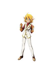 Rule 34 | 1girl, ahoge, anime coloring, aura bella fiora, blonde hair, blue eyes, brown shoes, clenched hands, dark-skinned female, dark skin, elf, full body, fur gloves, gloves, green eyes, hair between eyes, heterochromia, highres, looking at viewer, official art, open mouth, overlord (maruyama), pants, pointy ears, reverse trap, shirt, shoes, short hair, simple background, smile, solo, standing, tasaki satoshi, teeth, transparent background, vest, white pants, white vest