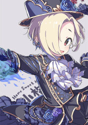 1girl :d ascot black_hat black_jacket black_shorts blonde_hair blue_fire blue_flower blue_hat blue_rose buttons child curtained_hair dot_nose double-breasted ear_chain ear_piercing earrings fire flower frilled_ascot frilled_sleeves frills gold_trim grey_background hair_over_one_eye hands_up hat idolmaster idolmaster_cinderella_girls idolmaster_cinderella_girls_starlight_stage jacket jewelry kuresuku_(lessons) light_blush linked_piercing long_sleeves looking_at_viewer looking_to_the_side open_mouth outstretched_arm overskirt parted_bangs piercing purple_flower purple_rose raised_eyebrows red_eyes rose shirasaka_koume short_hair shorts sideways_glance simple_background smile solo song_name top_hat two-tone_hat white_ascot