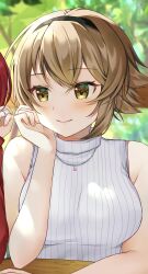 1girl 2021 absurdres alternate_costume bare_shoulders black_hairband blush breasts brown_eyes brown_hair casual closed_mouth commentary_request commission dated_commentary hair_between_eyes hairband hand_on_own_cheek hand_on_own_face hand_up happy highres jewelry kantai_collection large_breasts looking_to_the_side mutsu_(kancolle) necklace ribbed_sweater short_hair sidelighting sidelocks skeb_commission sleeveless sleeveless_turtleneck smile solo sweater turtleneck turtleneck_sweater upper_body white_sweater yam_(yamap_mako)