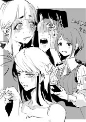 4girls backpack bag blunt_bangs collared_shirt commentary_request drooling frilled_shirt frilled_sleeves frills fukurai_azami furrowed_brow greyscale highres holding holding_phone long_hair looking_at_viewer monochrome mouth_drool multiple_girls nervous_sweating open_mouth osakana_(denpa_yun&#039;yun) phone rina_(toshi_densetsu_kaitai_center) sato_mio shirt short_hair sweat tomarigi_yasumi toshi_densetsu_kaitai_center translation_request upper_body worried