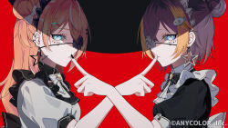 2girls aqua_eyes black_hair black_nails blue_eyes bow copyright_notice earrings expressionless facial_mark finger_to_another&#039;s_mouth fish_hair_ornament flower flower_over_eye hair_bow hair_bun hair_ornament igarashi_rika jewelry kitokito_tokito long_hair looking_at_viewer maid maid_headdress multicolored_hair multiple_earrings multiple_girls nijisanji nijisanji_en orange_hair petra_gurin red_background short_hair single_side_bun star_(symbol) star_earrings star_facial_mark streaked_hair virtual_youtuber white_nails