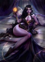 1girl artist_name artwithka barefoot black_dress black_hair blue_gemstone bracelet breasts colored_extremities colored_skin commission dress earrings facial_mark gem gold_bracelet gold_collar highres indie_virtual_youtuber jewelry large_breasts long_dress long_hair monster_girl pillow purple_lips purple_skin red_gemstone sleeveless sleeveless_dress solo tail tail_ornament vexoria_the_sun_eater virtual_youtuber yellow_eyes