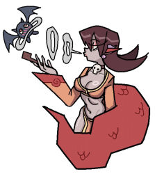 1girl blowing_smoke blush breasts choker cleavage colored_skin drawbuster earrings grey_skin half-closed_eyes hand_up jewelry large_tail long_sleeves navel original pointy_ears profile simple_background skull_choker smoke_ring smoking_pipe tail white_background