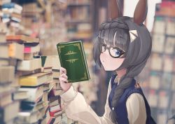1girl :c animal_ears black-framed_eyewear black_hair blue_eyes blue_sweater blunt_bangs blurry blurry_background book book_stack braid collared_shirt commentary_request depth_of_field french_braid from_side glasses hair_ornament highres holding holding_book horse_ears ikanoshiokara light_frown long_hair long_sleeves looking_at_viewer looking_to_the_side pile_of_books puffy_long_sleeves puffy_sleeves shirt signature sleeveless sleeveless_sweater solo sweater sweater_vest turtleneck umamusume upper_body white_shirt zenno_rob_roy_(umamusume)