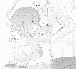 1boy 1girl absurdres aoi_(blue_archive) blue_archive dokunasubi fellatio greyscale halo hand_on_another&#039;s_head hetero highres medium_hair monochrome oral penis pointy_ears simple_background white_background